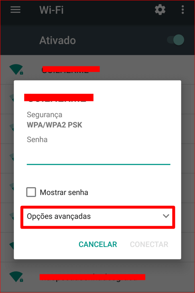 Clique na rede Wi-Fi que queira acessar, logo em seguida clique em Opções avançadas