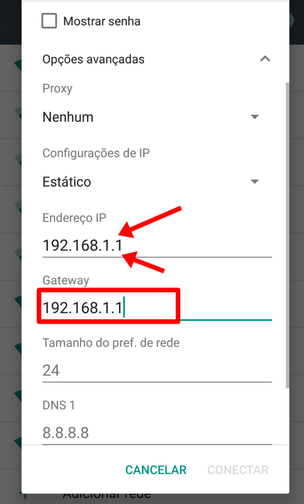 Copie o numero de IP do Gateway para o Endereço de IP