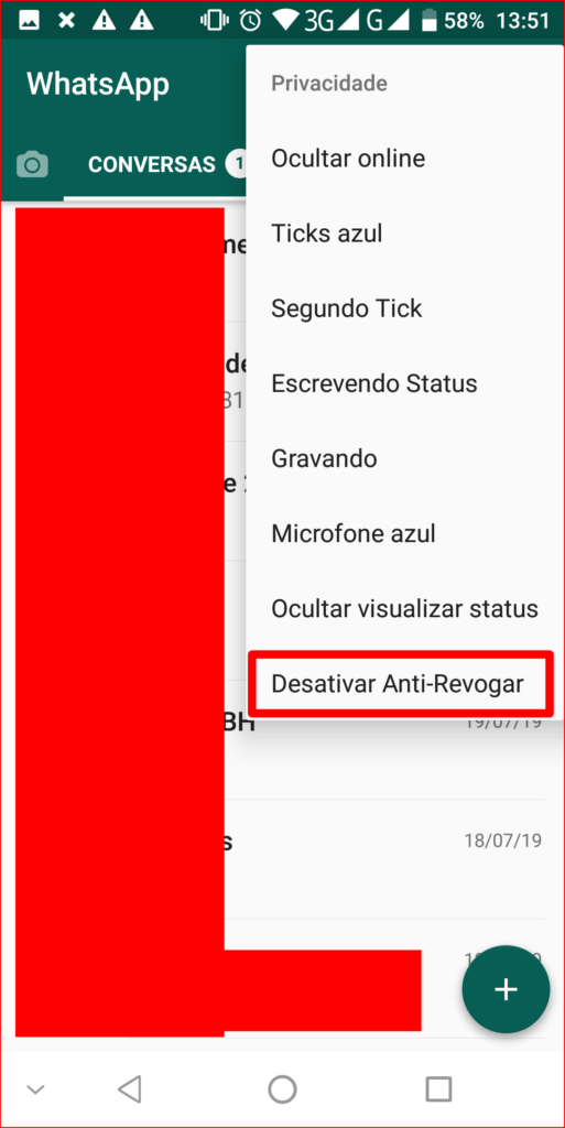 Recuperar mensagens apagadas do WhatsApp - Clique em Desativar Anti-Revogar